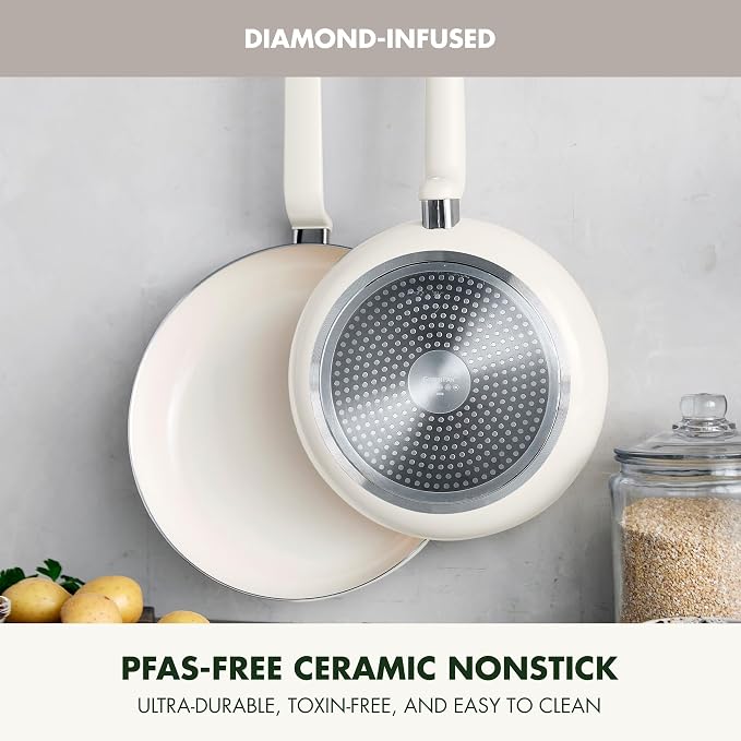 GreenPan Rio Advanced 10" and 12" Frying Pan Skillet Set, Ceramic Nonstick PFAS-Free Pans, Induction Ready, Dishwasher and Oven Safe, Cream White