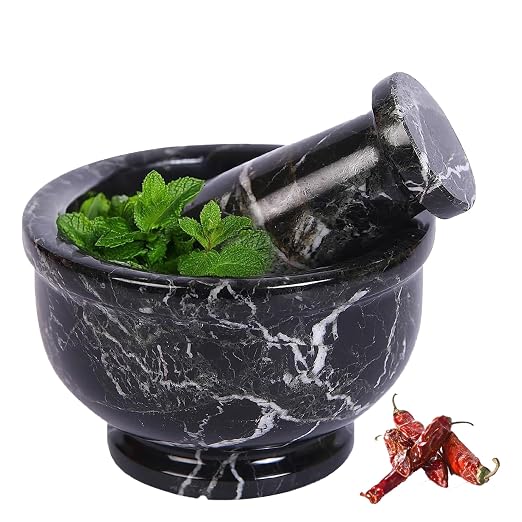 Hand Grinder Marble Mortar & Pestle Set – 4 Inch Black Kitchen Tool Set for Guacamole, Herbs, Spices, Pill Crushing, Fine Powder Grinding & Coffee – Premium Stone Mortar (Large)