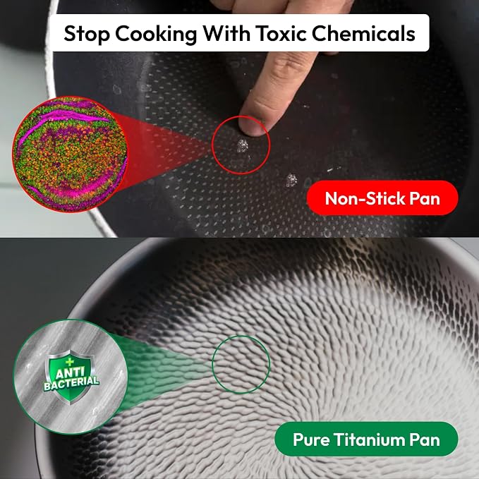 Plateful Titanium Pans For Cooking 12 Inch, No Coating Nonstick, with Lid | Pure uncoated titanium frying pan, surface sears to 750F, PFOA/PFAS/PTFE Free skillets, works on induction and all cooktops.