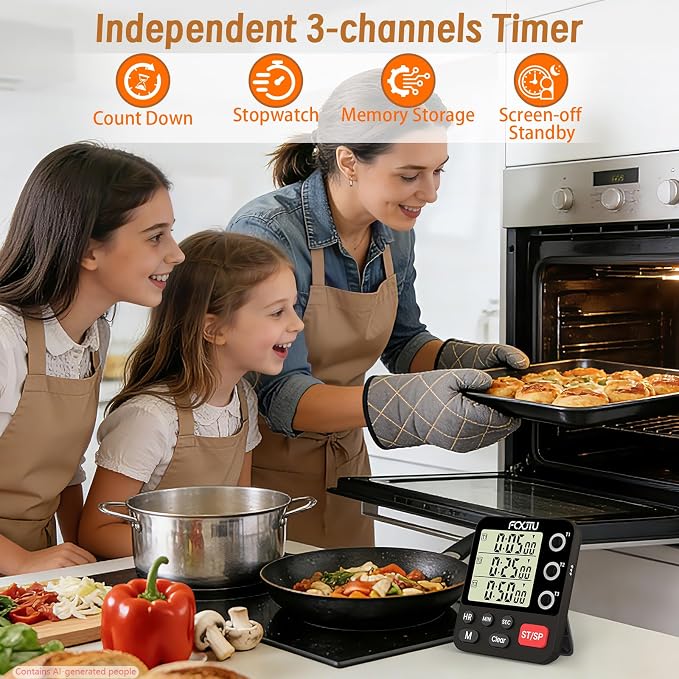 Digital Dual Kitchen Timer, 3-Channel Triple Magnetic Countdown for Cooking | Multi-Groups Independent Countup Food Timer, Large Display, Memory Presets, Loud Alarm & Mute, 3A Battery & Stand Included