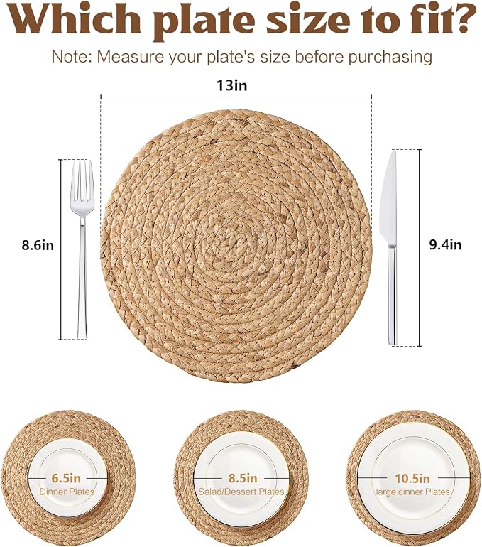 Aofmee 13 inch Round Woven Placemats Set of 6, Boho Rattan Place Mats, Natural Water Hyacinth Table Placemats, Farmhouse Weave Table Mats, Rustic Braided Wicker Charger Plates for Dining Table Decor