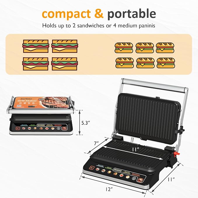 SUNVIVI 3-in-1 Electric Grill Indoor, Panini Press & Sandwich Maker with Removable Plates, 1600W, 8 Cooking Modes, 180° Flat Opening, Adjustable Temp, Ceramic Nonstick Dishwasher Safe, Stainless Steel