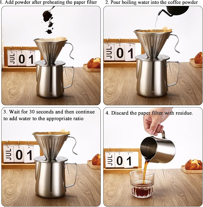 Lalord Pour Over Coffee Maker, 304 Stainless Steel wIth 100 pcs Paper Filters & 600ml Milk Frothing Pitcher, for Home & Camping