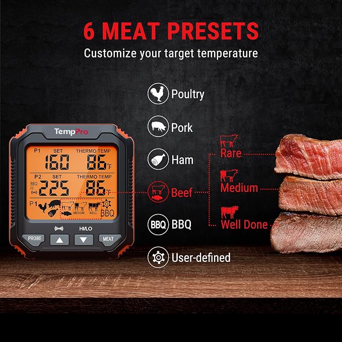 TempPro TempTrack Digital Meat Thermometer for Cooking with 2 Meat Probes | Large LCD Backlit Oven Probe Thermometer, Kitchen Food Thermometer with Temp Alert for Smoker, BBQ,Grill