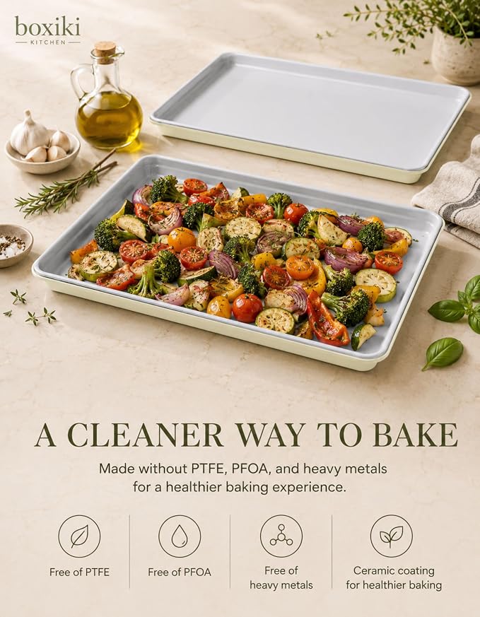 Ceramic Baking Sheet Half Size 17"x11" - Heavy Duty 0.6mm Aluminized Steel Pan, KFCC Ceramic Nonstick Cookie Sheet, Oven Safe to 550°F, Rustproof & Warp Resistant Baking Tray (2PCS)