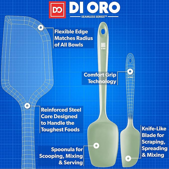 DI ORO Silicone Spatula Set - 600F Heat Resistant, 3-Pc Sage | Rubber scraper won't scratch nonstick pans; For baking, cooking, mixing, and frosting; BPA-free and dishwasher safe