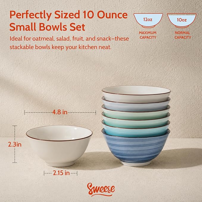 Sweese 10 oz Ceramic Bowls Set of 6, Blue Cereal Bowls for Yogurt, Fruit, Dessert, Oatmeal and Snacks, Stackable Small Serving Bowls for Breakfast and Everyday Use