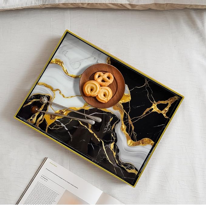Serving Tray with Handles, 15.7 * 11.8 inches, Plastic Ottoman Tray with Exquisite Paintings, Trays for Coffee Table