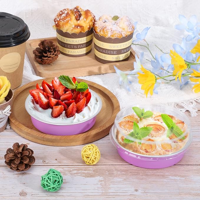 Beasea Disposable Mini Pans with Lids, 50 Pack 4” 8oz Light Pink Aluminum Baking Foil Tins Round Small Tart Container for Individual Cupcake Dessert Muffin Ramekin Cheesecake Quiche Oven Dishes