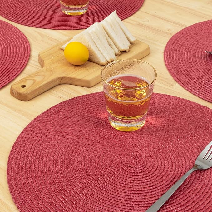 Winknowl Round Braided Placemats Set of 4 Washable Woven Heat Resistant Table Mats for Kitchen Dining Tables 15 inch Round Place Mats (Red,4pcs)