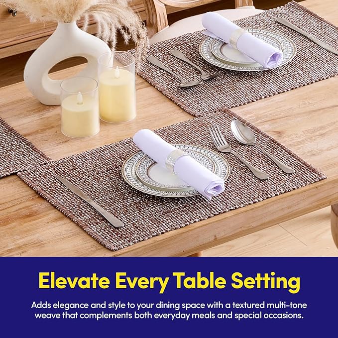 Sweet Home Collection 100% Cotton Placemats for Dining Room Rectangle Two Tone Woven Fabric 13" x 19" Soft Durable Table Mat Set, Set of 6, Chocolate