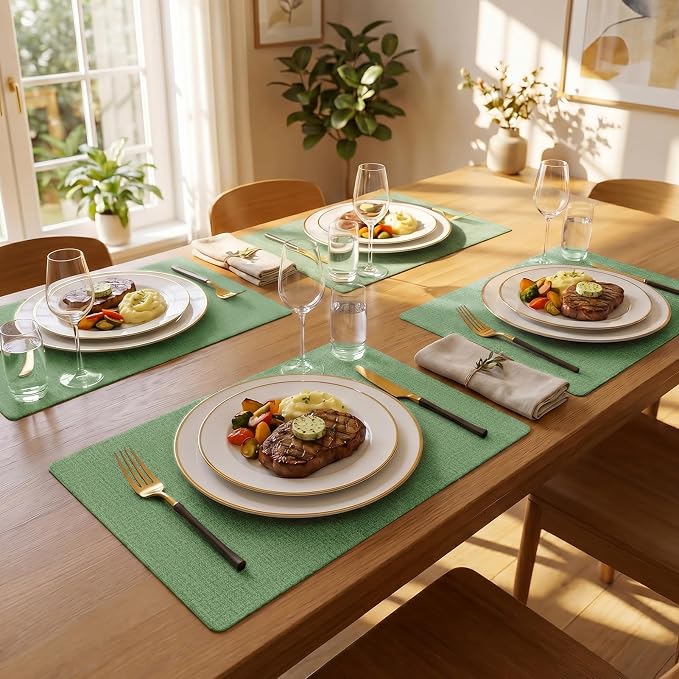 Romanstile Vinyl Placemats Set of 6-12 X 17 Inch - Faux Leather 100% Waterproof Wipeable Anti Slip Place Mats, Heat Resistant Reversible PU Table Mats for Kitchen Dining Party Outdoor, Dark Green