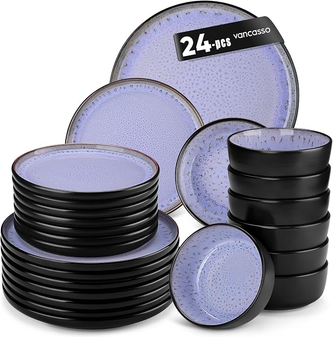 vancasso Plates and Bowls Sets, 24 Pieces Stoneware Dinnerware Sets for 8, Kitchen Dish Set Mircowave and Dishwasher Safe Ceramic Dishware, Purple, Series AMBER