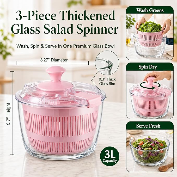 Glass Salad Spinner 3.2 Qt, Small Salad Spinner, Glass Bowl, Pink | Removable Lid, Storage Lid, Dishwasher-Safe Glass Bowl, Fruit & Vegetable Washer Dryer, Drain Spout, Crank Handle