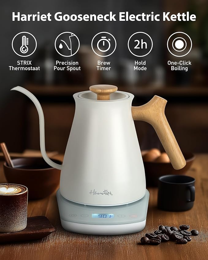 Harriet Gooseneck Electric Kettle, 0.8L, 1°F Control, Brew Timer | 120-Min Keep Warm, 104–203°F Control, Built-In Brew Timer, SUS304 Stainless Steel, Wood-Accent Handle for Pour-Over Coffee