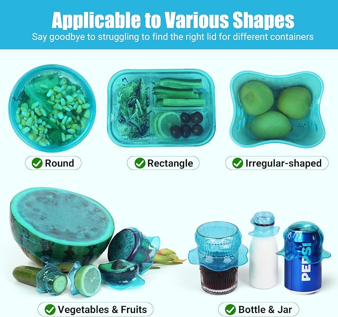Silicone Stretch Lids for Food Storage in Fridge, Reusable Elastic Bowl Covers for Cup, Cans, Jars, Round & Rectangle Container, Food Grade Silicone Microwave Food Cover, Heat-Resistant, Blue, 6PCS