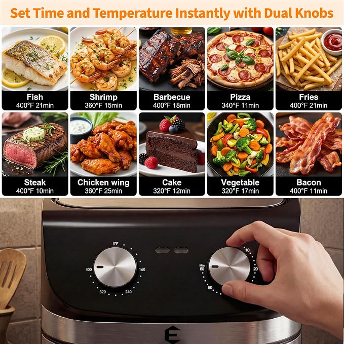 9.5Qt Large Air fryer Toaster Oven Combo with Mechanical Dial Controls | Non Toxic Stainless Steel Air Fryer with Viewing Window, XL Capacity Basket Style Airfryer for Family, Black