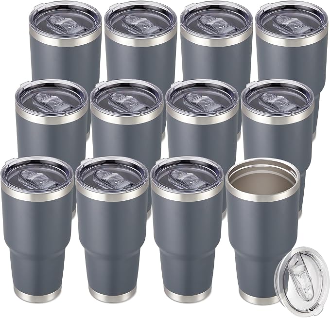 30 oz Tumbler with Lid Stainless Steel Tumblers Bulk, 12 Pack | Vacuum Insulated Cup, Leak Proof Lid, Powder Coated Travel Mug, Double Wall, Keep Cold Drinks for 12 Hours, Gray
