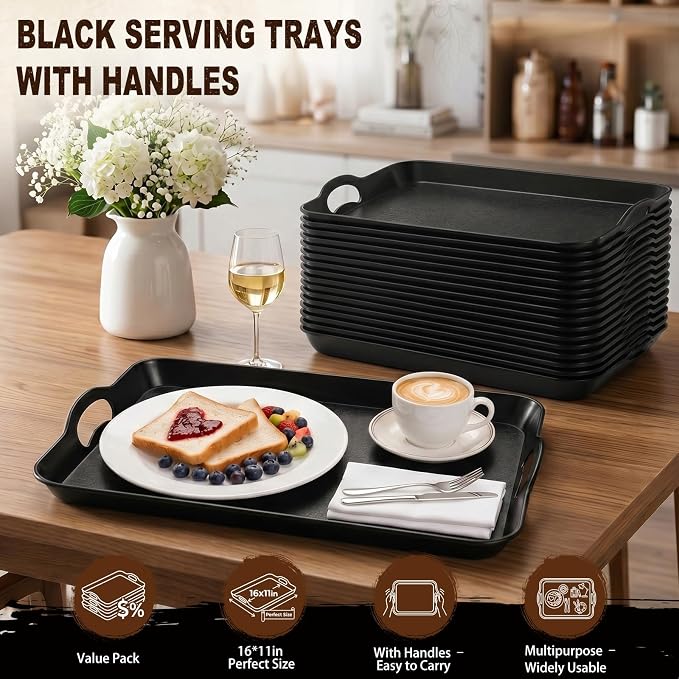 Kathfly 12 Pack 16" x 11" Serving Trays with Handles, Plastic Tray, Black | PP Material, Anti-skid Texture, Decorative Food Tray, for Restaurant, Hotel, Kitchen, Party; Not Microwave/dishwasher Safe