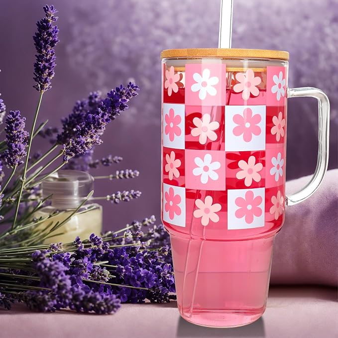 ANOTION Birthday Pink Glass Cup with Handle Gift Box for Women | Coquette Gift Basket for Her, Glass Cup with Handle, Fuzzy Socks, Knitted Coaster, Plush Bouquet