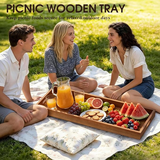 Extra Large Ottoman Tray, 36 x 12 Inches Black Walnut Wooden Tray | Wood Serving Tray with Handles, Rectangular Deccorative Tray, Charcuterie Platter for Meat, Cheese Board, Extra Long 3ft
