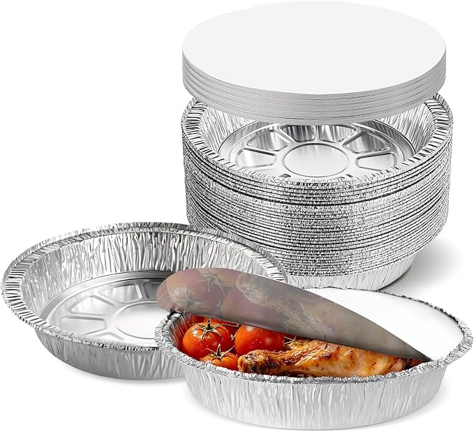 50 Pack 9 Inch Round Aluminum Pans with Lids, Disposable Aluminum Pie Pans with Lids, 9” Tin Foil Pans, Takeout Containers with Cardboard Covers for Cooking, Baking, Storage, Roasting, Reheating