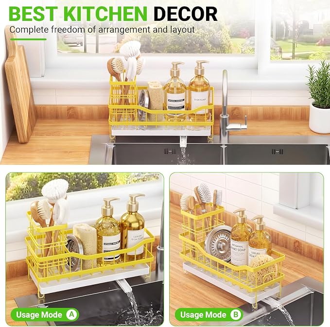 Sink Caddy, Sponge Holder for Kitchen Sink, Yellow | Self-draining Sink Organizer with Removable Brush Holder, Metal Sponge Rack for Countertop, Fits Soap Dispenser & Scrubber