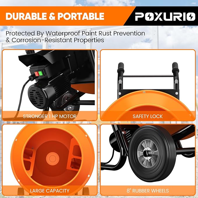 140L Electric Cement Mixer With a Bracket, 5.3 Cubic Ft. 750W 1HP Portable Concrete Mixer Machine with Stand And Wheels for Stucco, Mortar, Seeds, Orange-2026 Upgraded