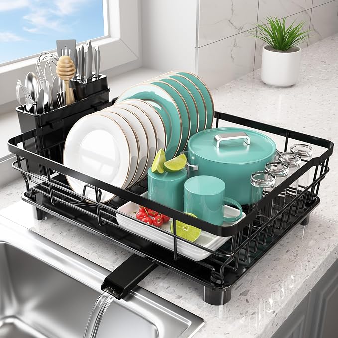 Dish Drying Rack - Space Saving Dish Rack - Dish Racks for Kitchen Counter with Drainboard,Rustproof Dish Drainer with Removable Utensil Holder,Black
