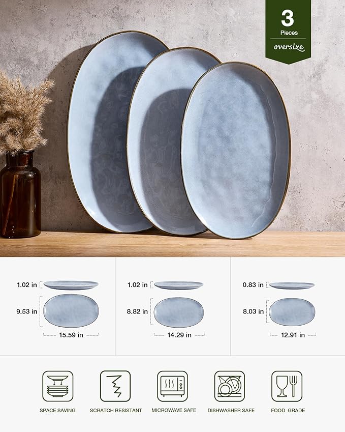 famiware Serving Platters Set of 3 Sizes - Oval, Blue | 15.59"/14.3"/12.9" Fine Stoneware Serving Trays for Party, Entertaining for Food, Turkey, Cheese, Microwave Dishwasher Safe