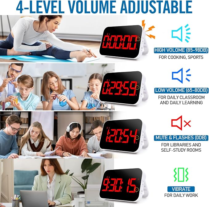 Kitchen Digital RED Timer, Count Down Up, Rechargeable, Vibration Mode Adjustable Volume and Brightness LED Display, Time Management Cook, Desk