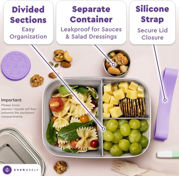 Stainless Steel Bento Box + Condiment Container - Lavender, 47oz / 1.4 L | Everusely large metal lunch box, leakproof sauce container, 3 compartment snack organizer, freezer & dishwasher safe