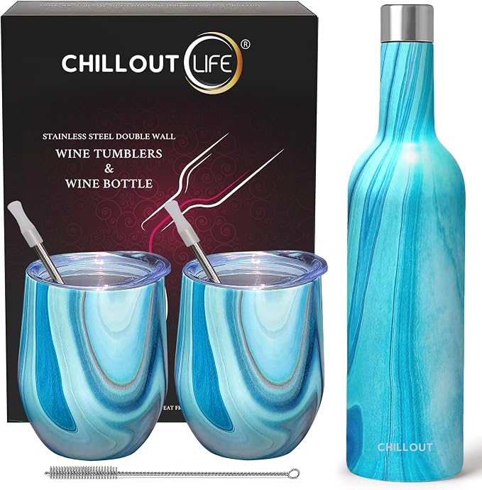 CHILLOUT LIFE 12 oz Stainless Steel Wine Tumblers 2 Pack & 1 Insulated Wine Bottle - Double Wall Vacuum Insulated Wine Glasses Cups with Lids and Straws Set Keeping Cold & Hot Gift Set