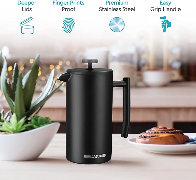 French Press Coffee Maker - 50oz Stainless Steel, Insulated Coffee Press | Large 6 Cup 50oz Capacity, Double Wall Keeps Coffee Hot, 4 Level Filter for Ground Free Coffee, 2 Extra Filters, Matte Black