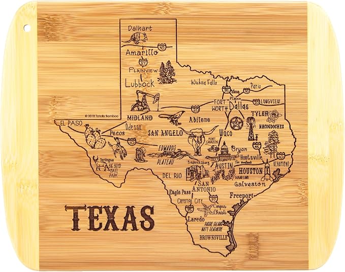Totally Bamboo A Slice of Life Texas Engraved Map Cutting Board | 11” x 8.75” charcuterie board with engraved state map artwork. Smooth reverse side for food prep. Hang tie for wall display.