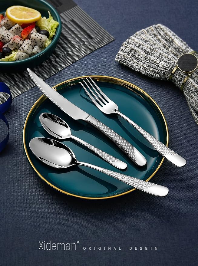 16-Piece Modern Hammered 18/10 Stainless Steel Silverware Set | Ultra Sharp 2-IN-1 Serrated Knives, Ergonomic Non-Slip Handles, Service for 4, Rust Resistant, Dishwasher Safe