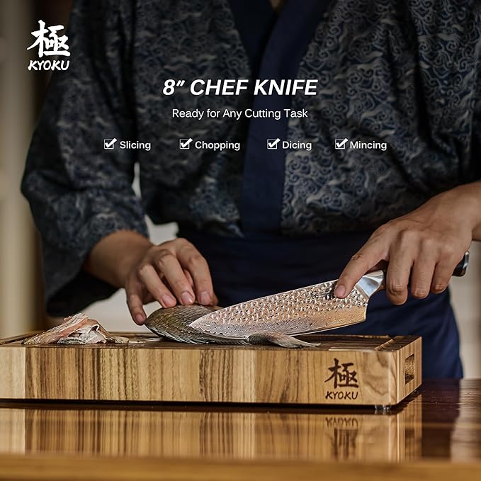 KYOKU Chef Knife - 8"- Shogun Series Japanese Style VG10 Steel Core Hammered Damascus Blade Kitchen Knife - with Sheath & Case