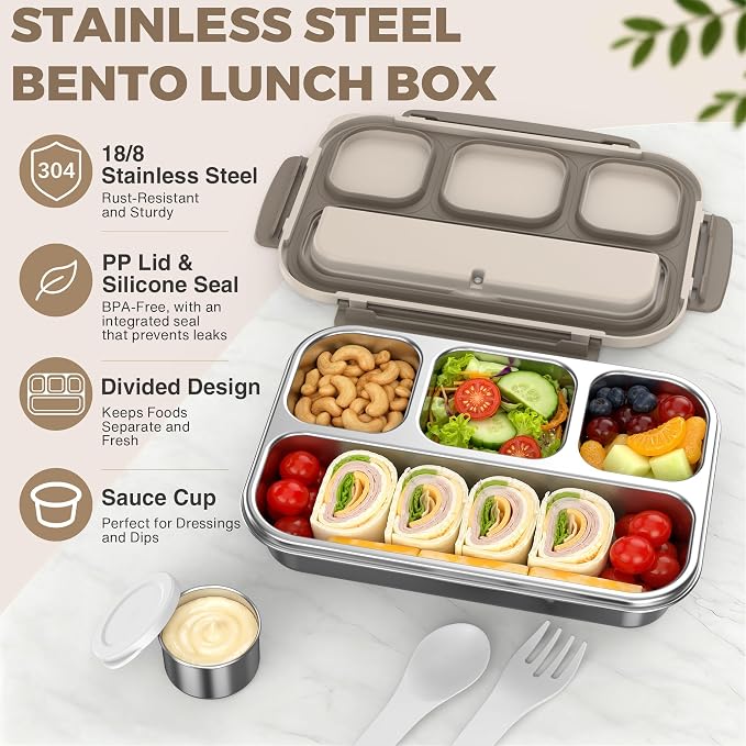 Stainless Steel Bento Box Adult Kids, Leakproof Metal Lunch Box Containers 4 Compartments, 32 Oz Reusable Food Storage Containers for Office and School, Brown