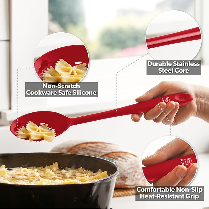 DI ORO Silicone Cooking Spoons - Solid & Slotted Set, 2-Pc Red | Large heads for mixing, serving, and stirring; Heat-resistant to 600F for nonstick cookware; BPA-free and dishwasher safe