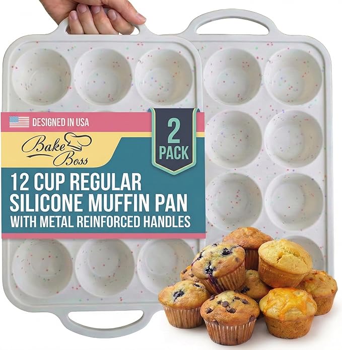 Silicone Muffin Pans, 2-Pack Regular 12 Cup, BPA-Free | Metal Reinforced Silicone Muffin Pans for Baking, Nonstick Silicone Cupcake Pan, Easy Release Surface, Dishwasher Safe