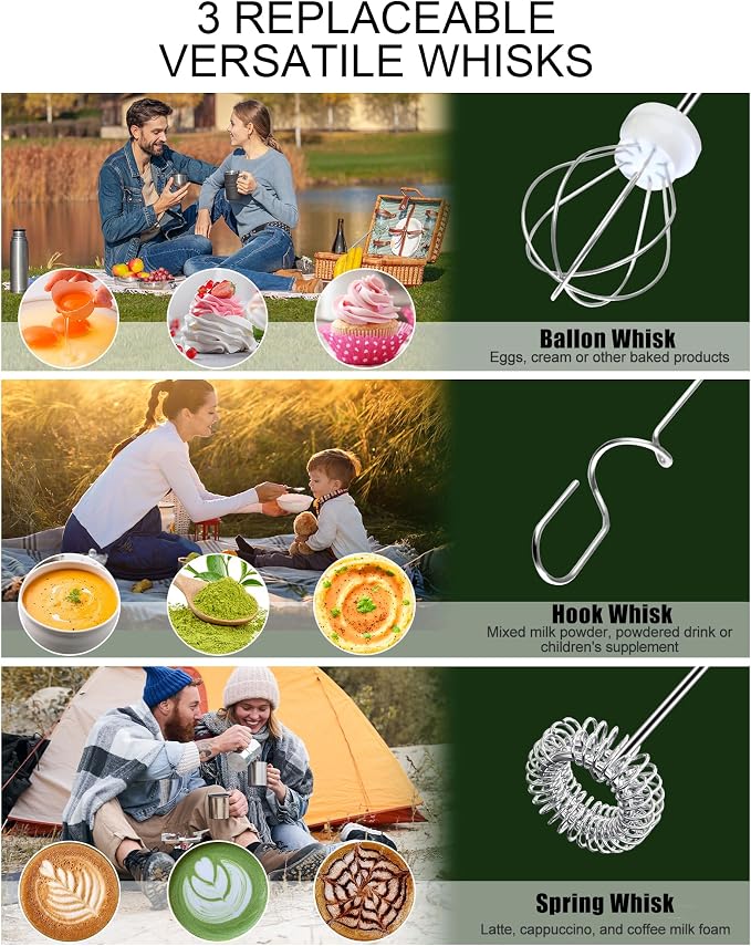 YUSWKO Handheld Milk Frother Wand for Coffee, Rechargeable Electric Whisk with 3 Heads 3 Speeds Drink Mixer Coffee Frother For Latte, Cappuccino, Hot Chocolate, Egg, White with Bag