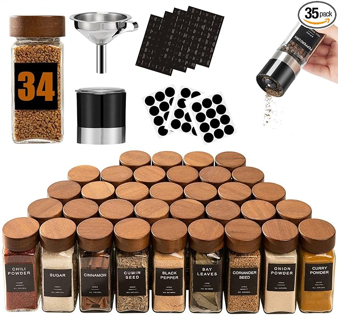Glass Spice Containers for Kitchen: 34P 4oz Dishwasher Safe Jars | Durable Glass Jars for Cooking Enthusiasts- Airtight Acacia lid 500X Open-Close no Loose - Gift/Daily Use for Housewives