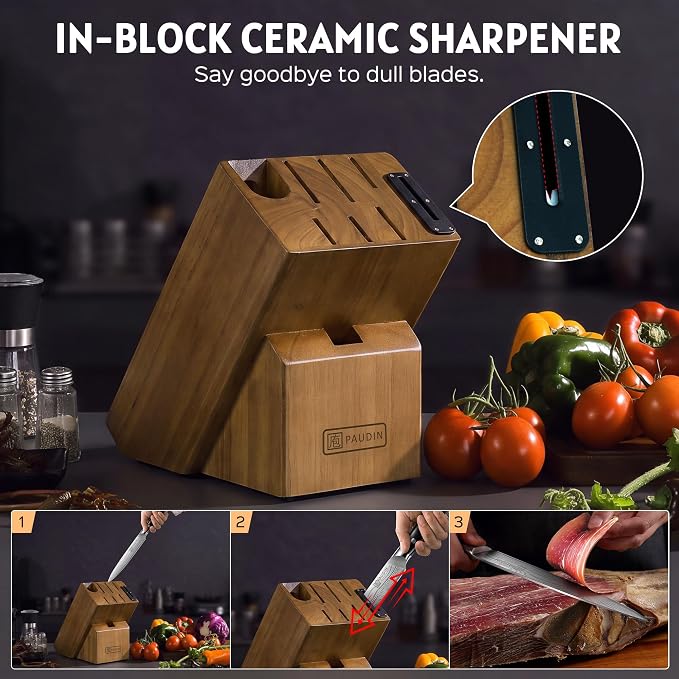 PAUDIN Knife Block Set with Built-in Sharpener, 10 PCS Dishwasher Safe German 1.4116 Steel Kitchen Knives Set, Razor Sharp Full Tang Chef Knife Set,Ergonomic G10 Handle,Gift for Women,Men,Housewarming