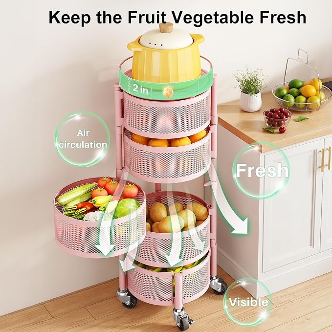 SAYZH 5 Tier Fruit Vegetable Basket Stand for Kitchen, Rotating, Pink | Rolling Storage Cart with top lid, Large Metal Wire Rack for Potato and Onion Storage
