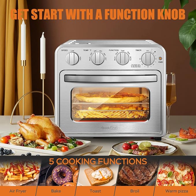 Geek Chef Air Fryer Toaster Oven Combo, 16QT 5-in-1 Toaster Ovens Countertop, Convection AirFryer with Bake, Air fryer & Toaster, Broil and Warm Functions, Stainless Steel Easy Oven for Wonder Meals