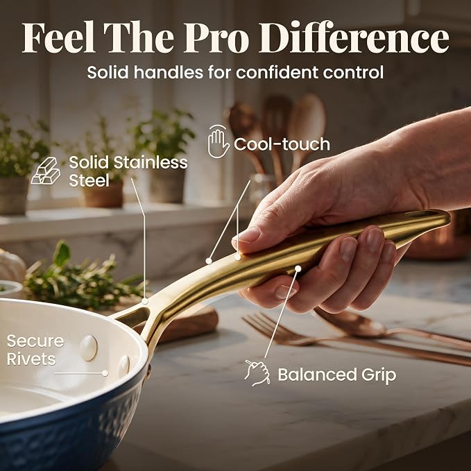 GOTHAM STEEL Hammered 3 Pc Nonstick Frying Pans Set, Cream | 8, 10, 12" Fry Pans, Heavy Duty 3.0MM Gauge, Non Toxic PFOA/PFOS/PTFE Free, Induction Compatible, Oven and Dishwasher Safe
