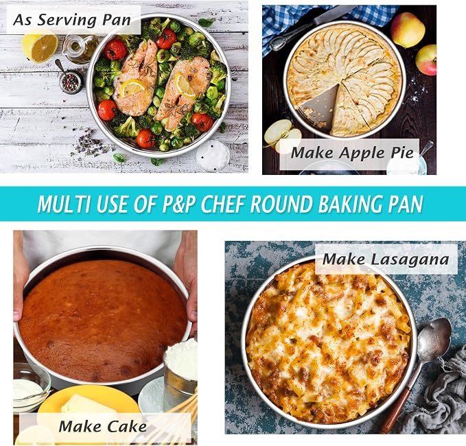 P&P CHEF 9.5 Inch Round Cake Pan Set of 3, Stainless Steel Baking Cake Pans | Round Baking Cake Pan Bakeware for Layer Birthday Cake, Fit Oven/Pots/Pressure Cooker, Leakproof & Dishwasher Safe, Silver