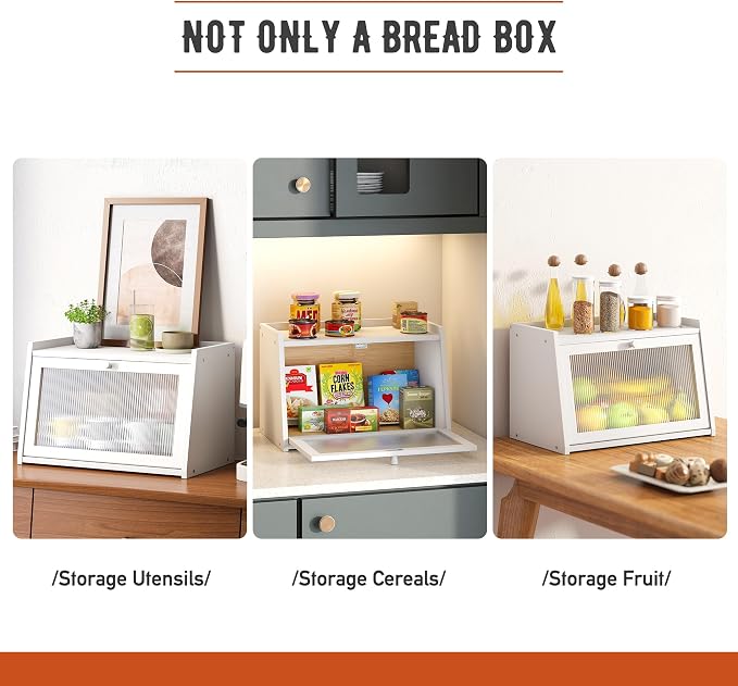 GHWIE Large Bread Box, Easy Access & Cleaning - Bamboo Bread Box for Kitchen Countertop with Acrylic Door (White, Medium)