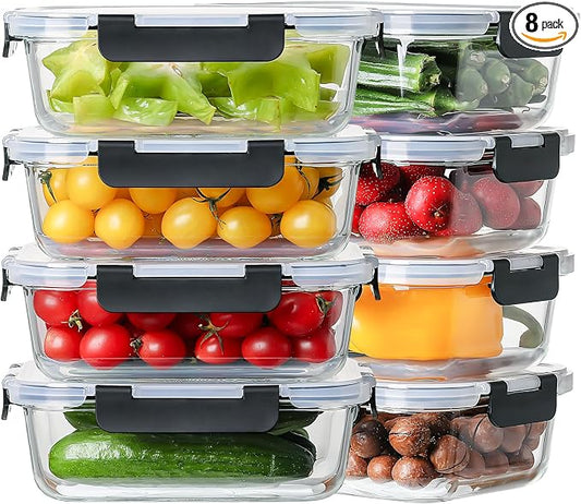 8-Pack 36oz Large Glass Meal Prep Containers with Leakproof Snap-Lock Lids | Borosilicate Glass Food Storage Containers and Bento Boxes , BPA-Free, Oven, Freezer and Dishwasher Safe-Black