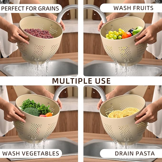 BeFare Metal Colander with Wood Handle and Stable Base, Powder Coated Steel Kitchen Strainer Basket for Draining Pasta, Vegetable and fruit (3quart,Sandyellow)
